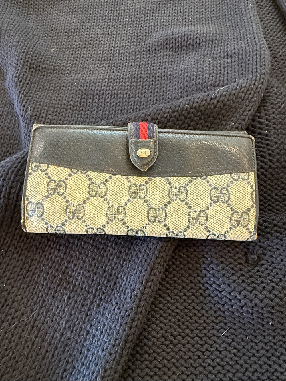 Gucci Vintage Canvas & navy blue Leather Continental Wallet
